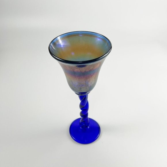 Rick Strini Studio Art Glass Iridescent Cobalt Blue Water Wine Goblet Twisted St - Picture 6 of 8